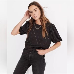 Madewell Metallic Jacquard Puff Short Sleeve Blouse Black and Gold